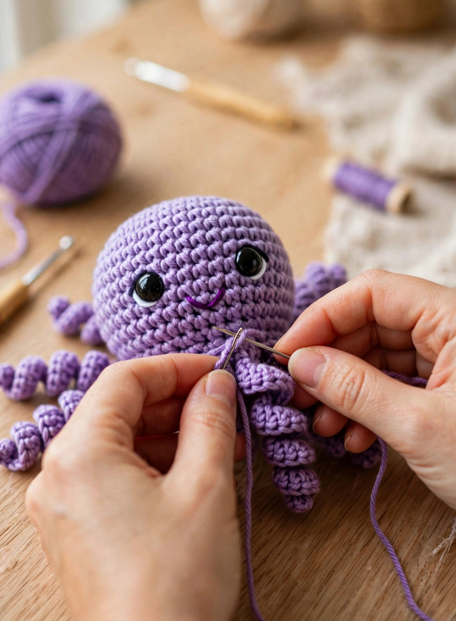 Sewing the curly tentacles onto the crochet octopus head with a yarn needle