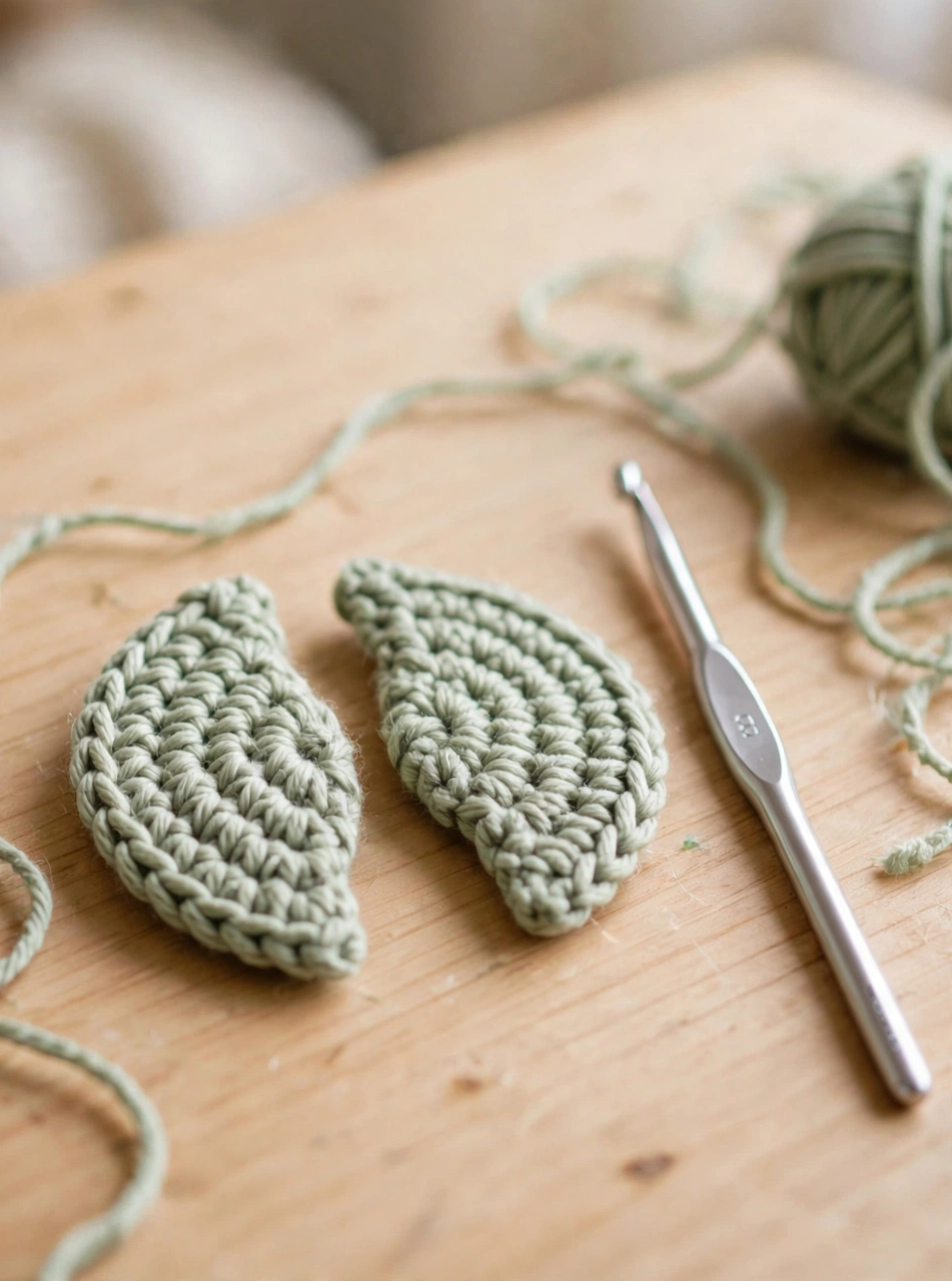 Two sage green crocheted flippers beside a crochet hook for the turtle amigurumi