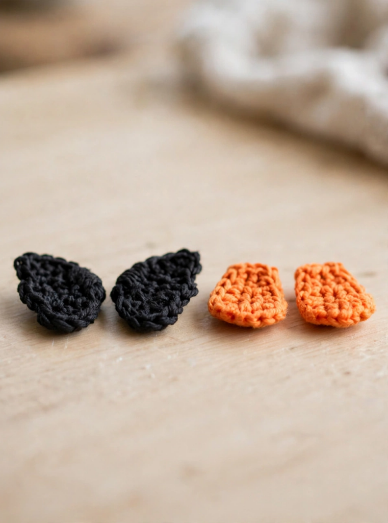 Crochet penguin wings and feet in black and orange yarn
