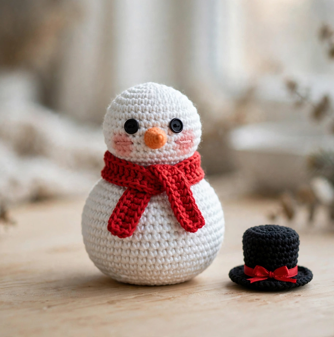 Step 4 - Tying the red crocheted scarf around the snowman's neck