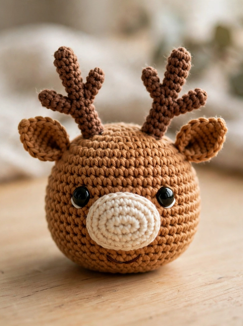 Crochet reindeer pattern step 4: reindeer head with antlers, ears, safety eyes and embroidered smile
