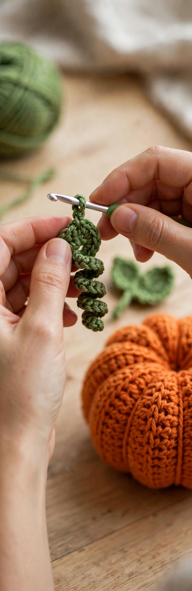 Crochet pumpkin step 3: crocheting the curly green stem with the finished body nearby