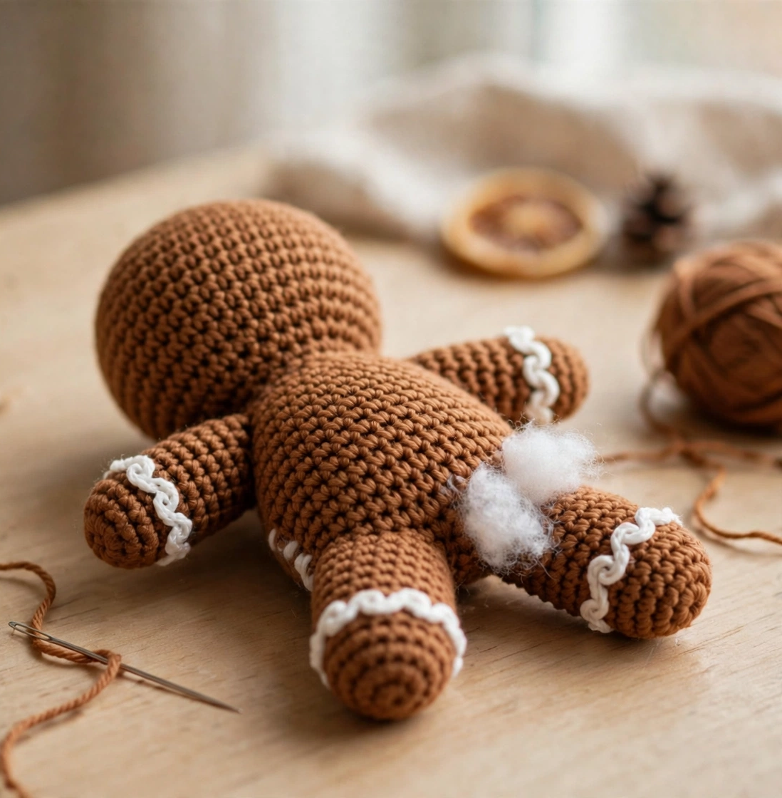 Crochet gingerbread man pattern step 4: assembling the stuffed head, body and limbs of the crochet gingerbread man