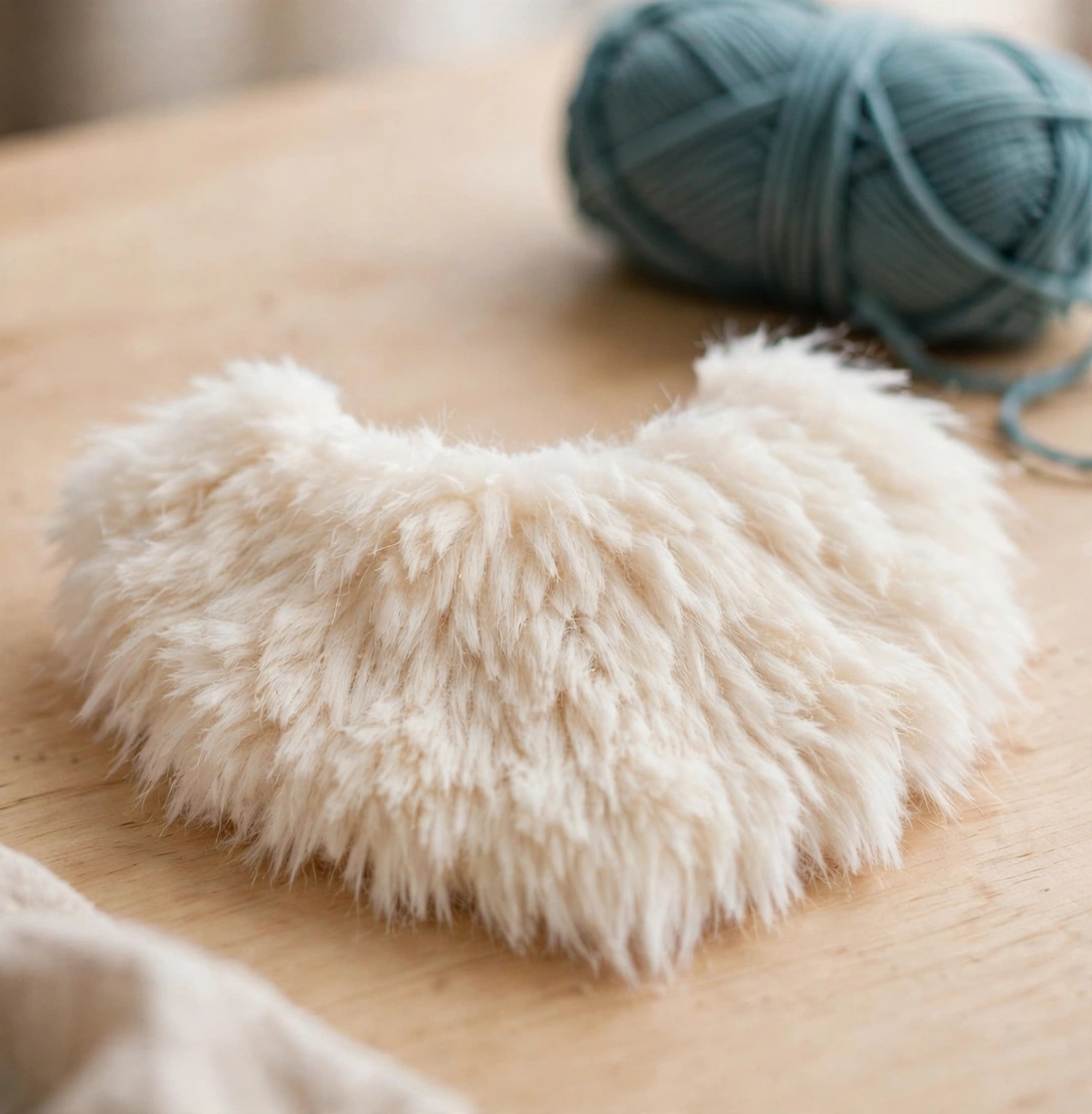 Step 4 of the crochet Christmas gnome pattern: the fluffy cream faux-fur beard piece.