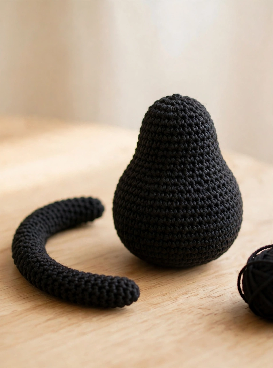Crochet pumpkin kitty pattern step 4: the long curved black tail beside the stuffed body