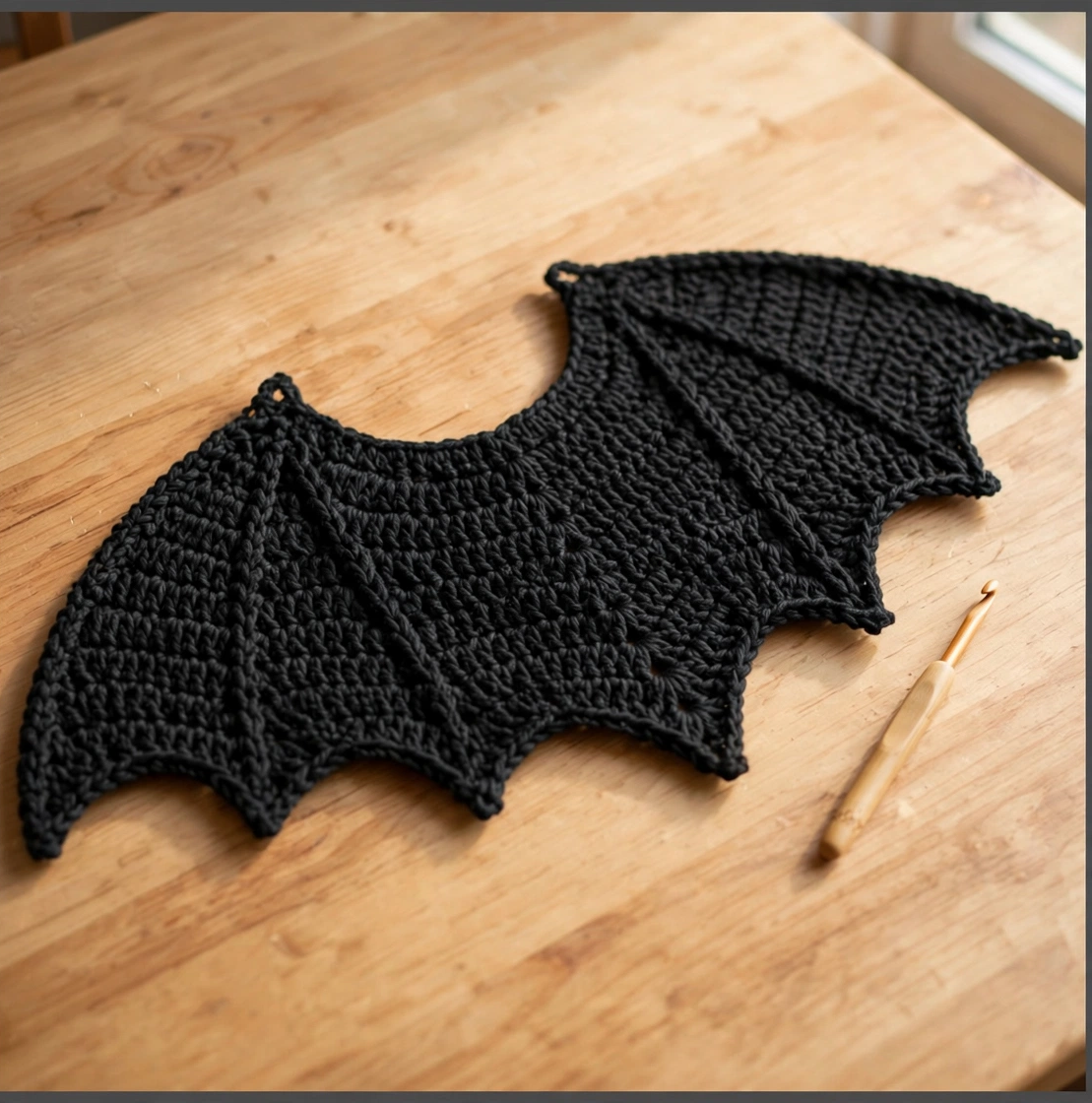 Scalloped black crochet bat wing with chain points