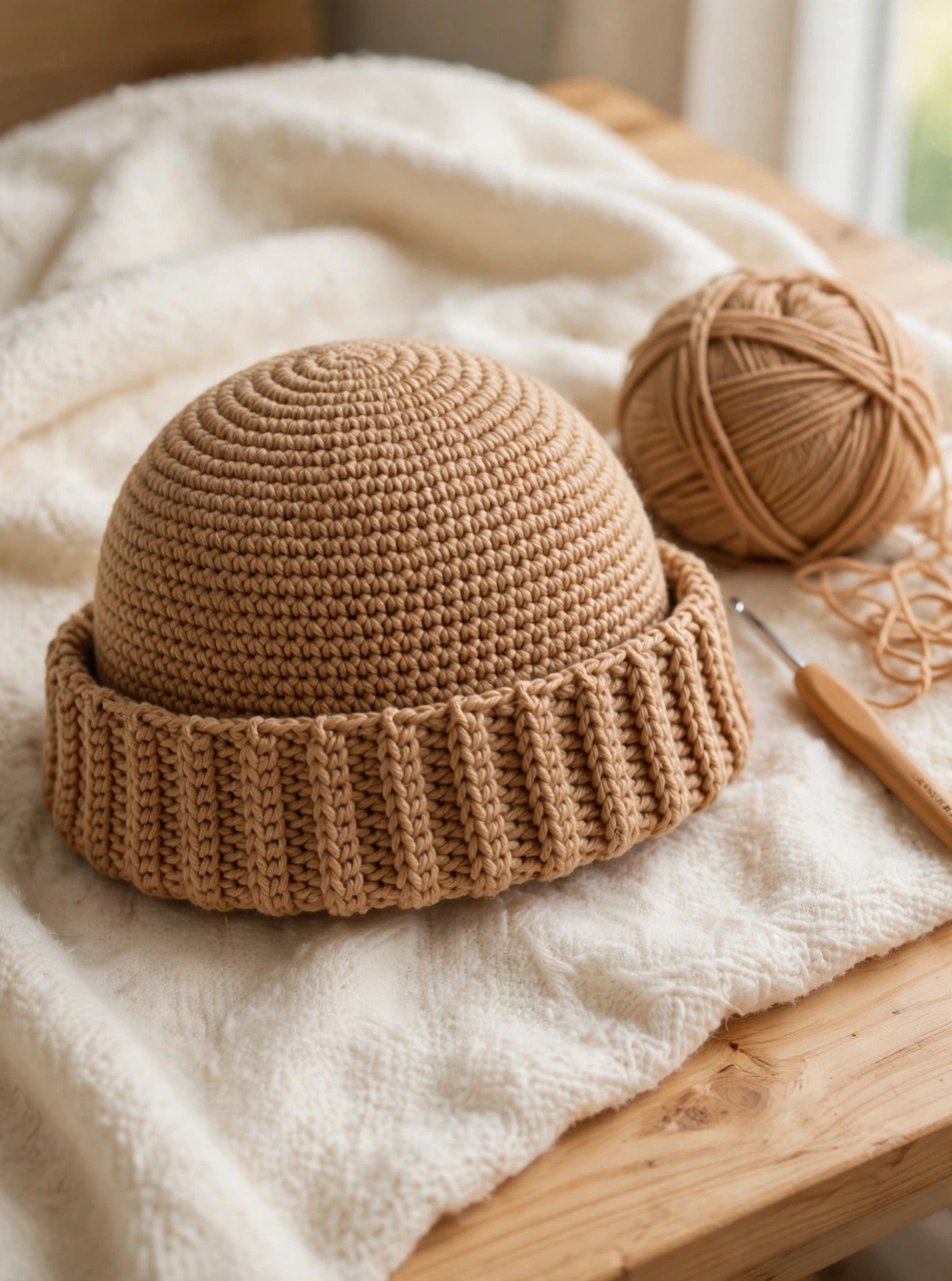 Crochet baby bear hat pattern step 4: the ribbed band sewn to the hat and folded up into a wide brim