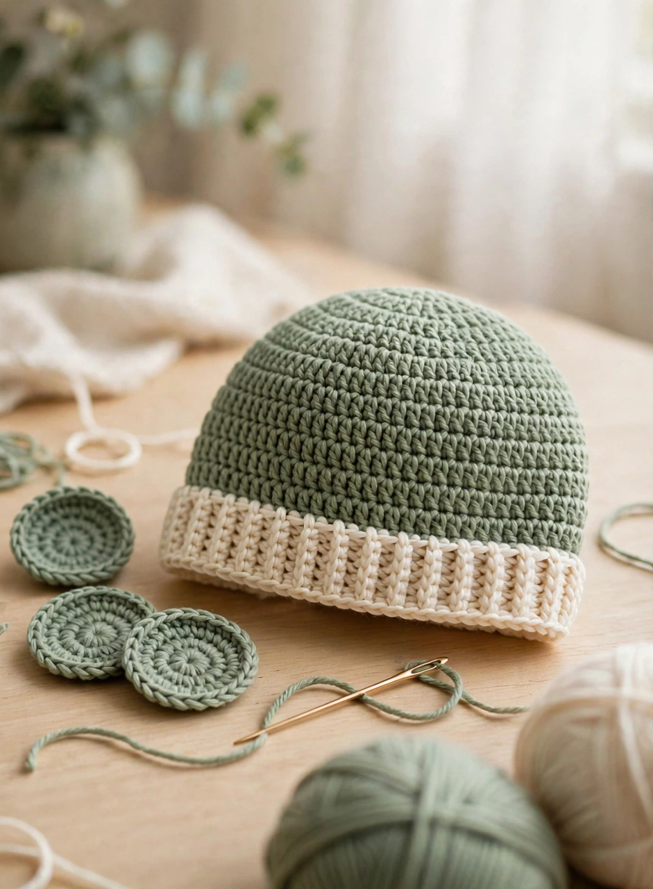 Crochet bear ears hat pattern step 4: two round sage green ears beside the finished hat with its cream brim