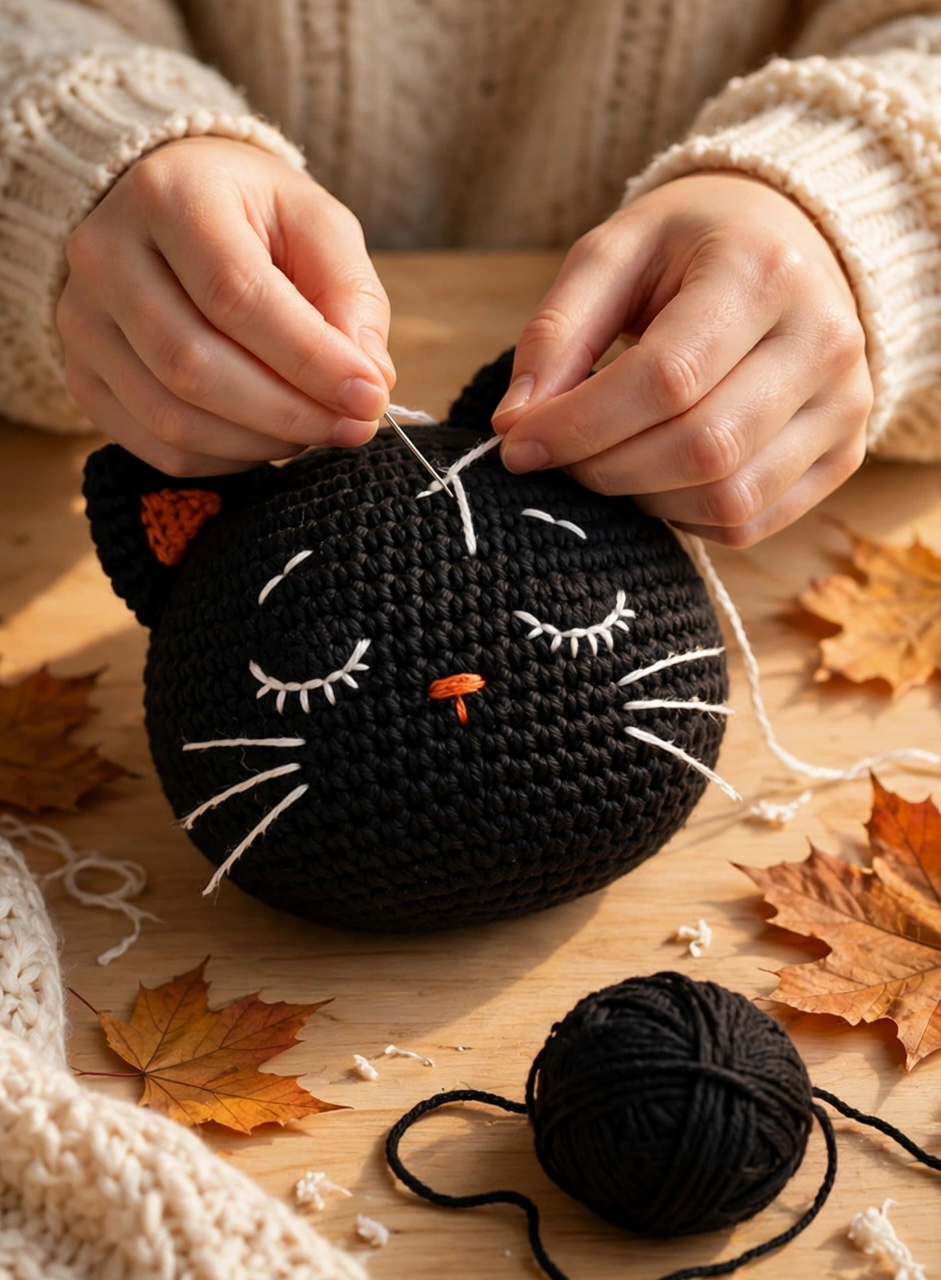 Crochet cat in pumpkin pattern step 4: embroidering the closed eyes, nose and whiskers onto the black kitty head