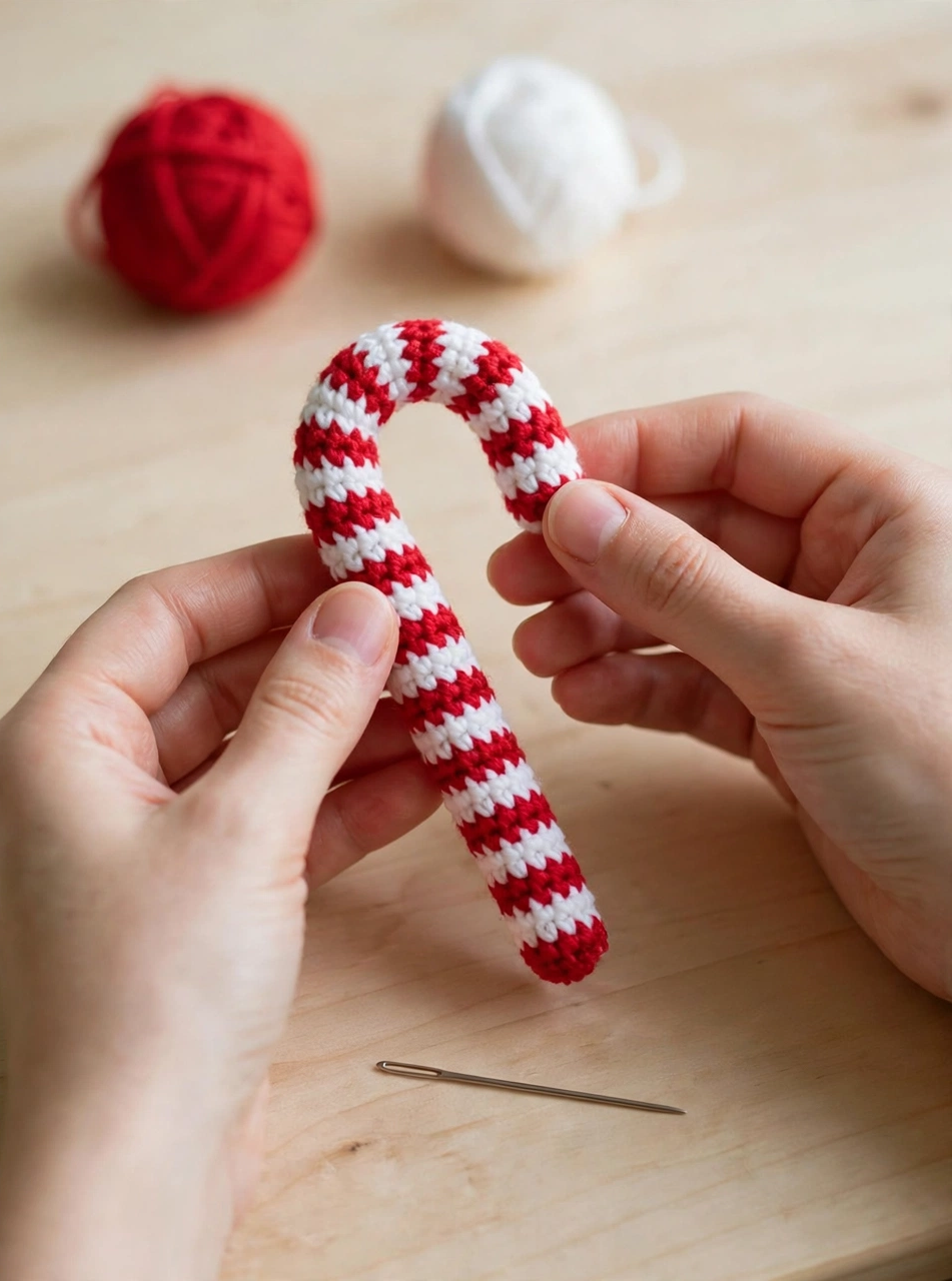 Step 4 of the crochet candy cane pattern: bending the striped tube into the hook shape