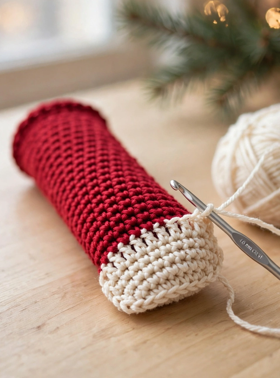 Crochet Christmas stocking pattern step 4: white short-row heel being shaped at the corner of the red foot tube