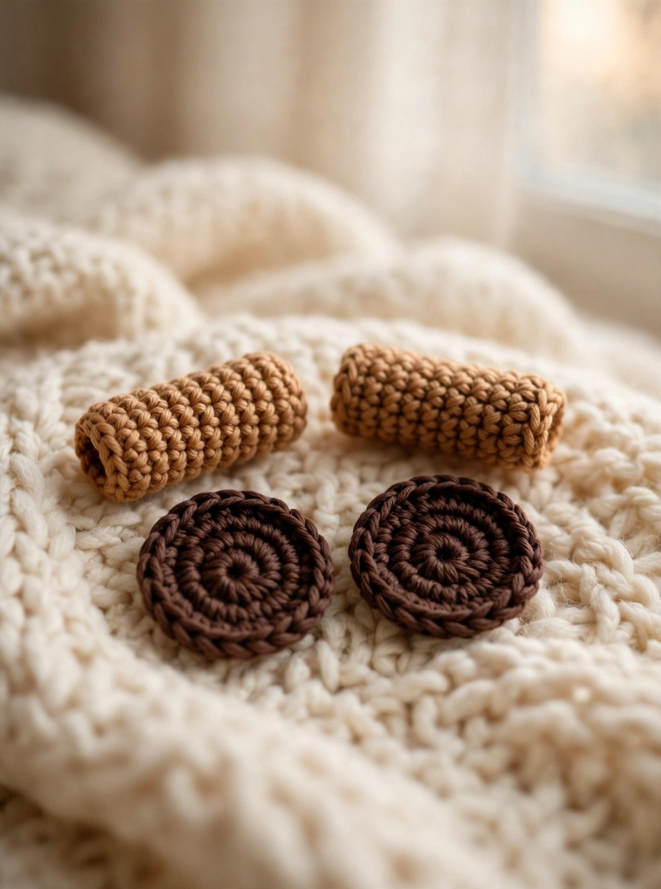 Crochet capybara pattern step 4: two caramel arms and two round dark-brown feet