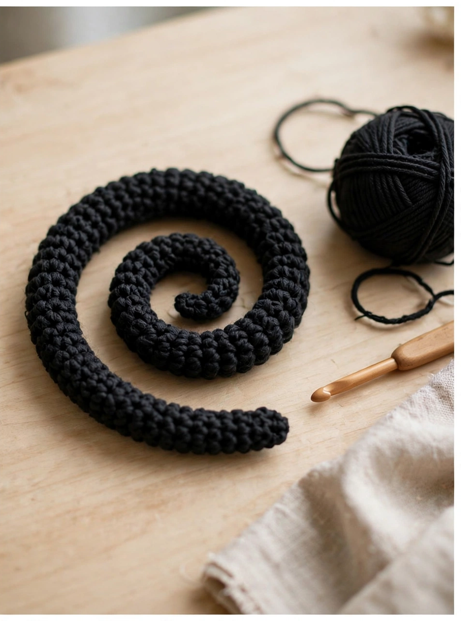 Curly black crochet tail for the crochet black cat pattern
