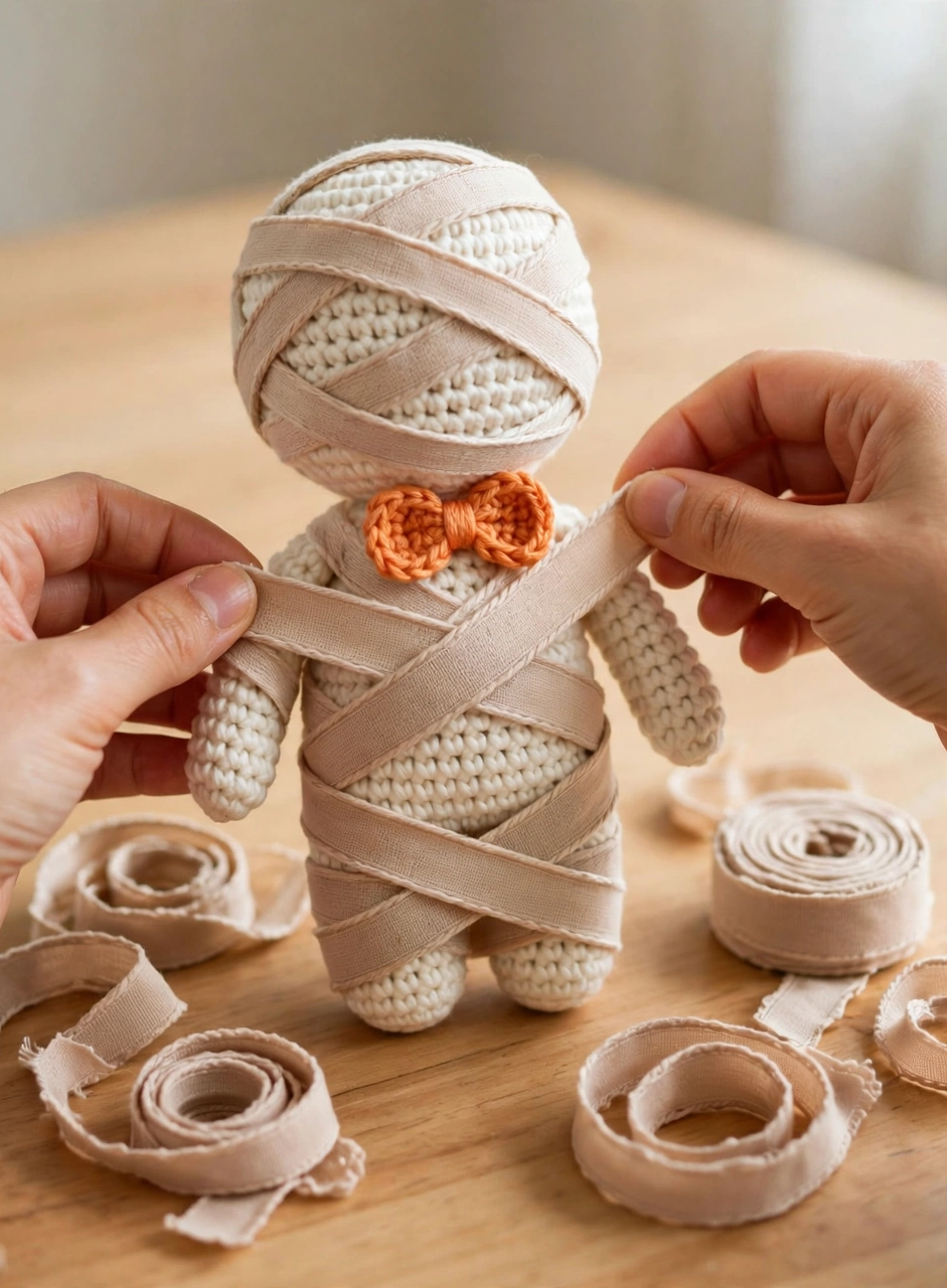 Wrapping beige bandage strips around the crochet mummy body