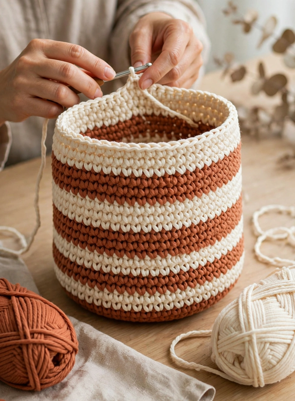 Adding cream stripes to the crochet market bag body