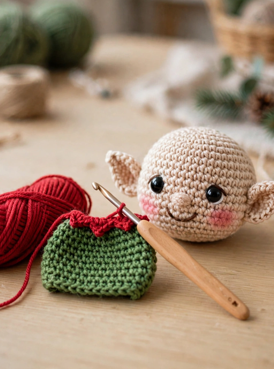 Step 4 of the crochet Christmas elf pattern — crocheting the green tunic with red trim