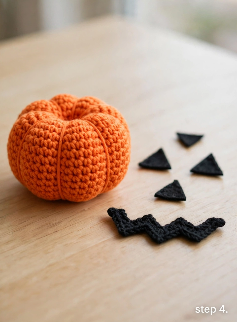 Black triangle eyes, nose and zigzag smile pieces beside the orange pumpkin - step 4 of the crochet jack-o-lantern pattern