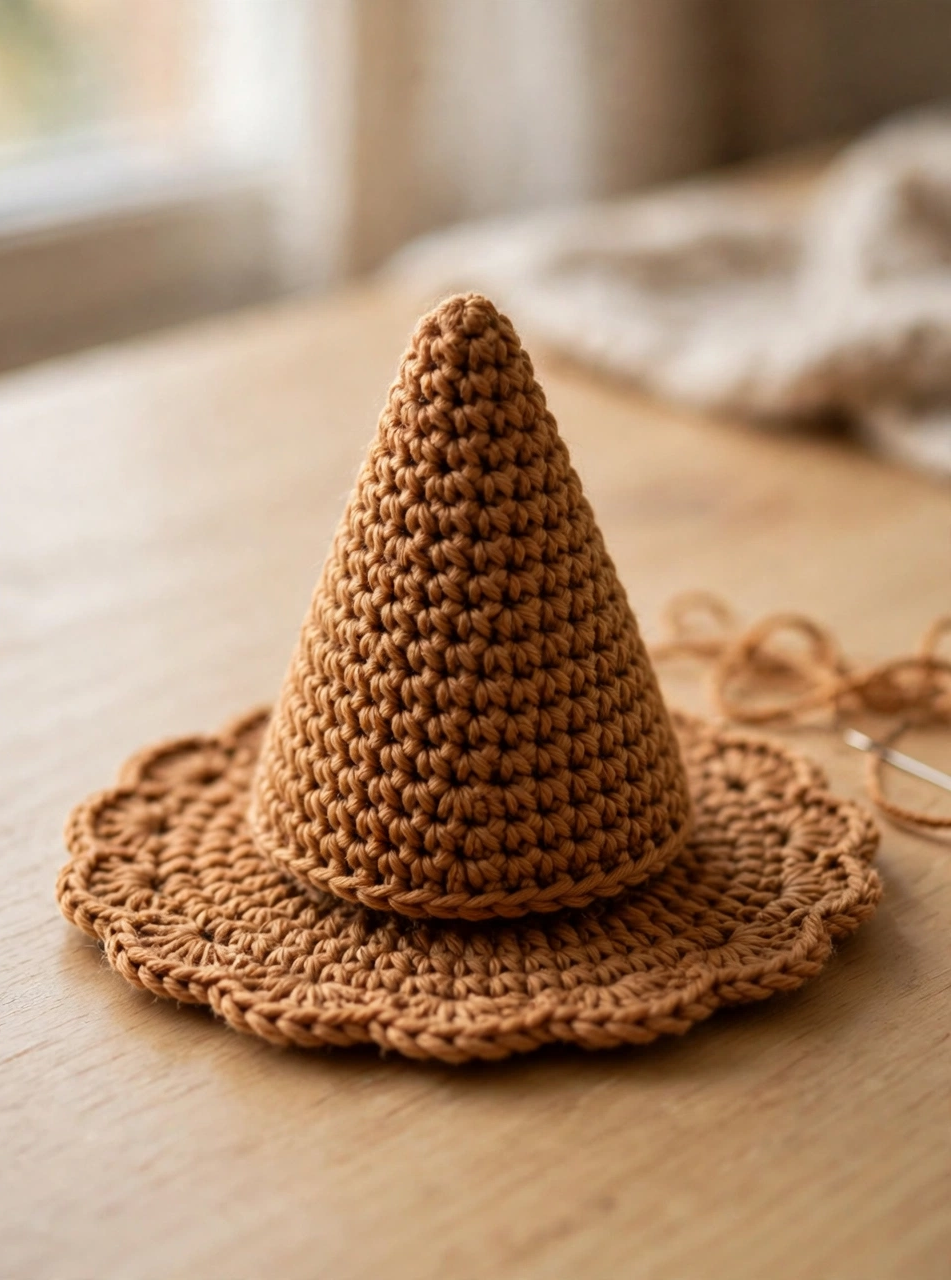Cone-shaped caramel bear body sewn onto the round coaster