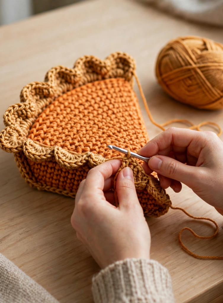Scalloped crimped crust edge on the crochet pumpkin pie pattern slice