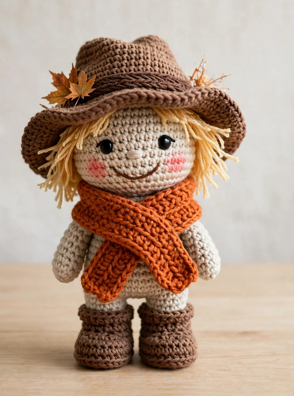 Crochet scarecrow wearing its burnt-orange scarf