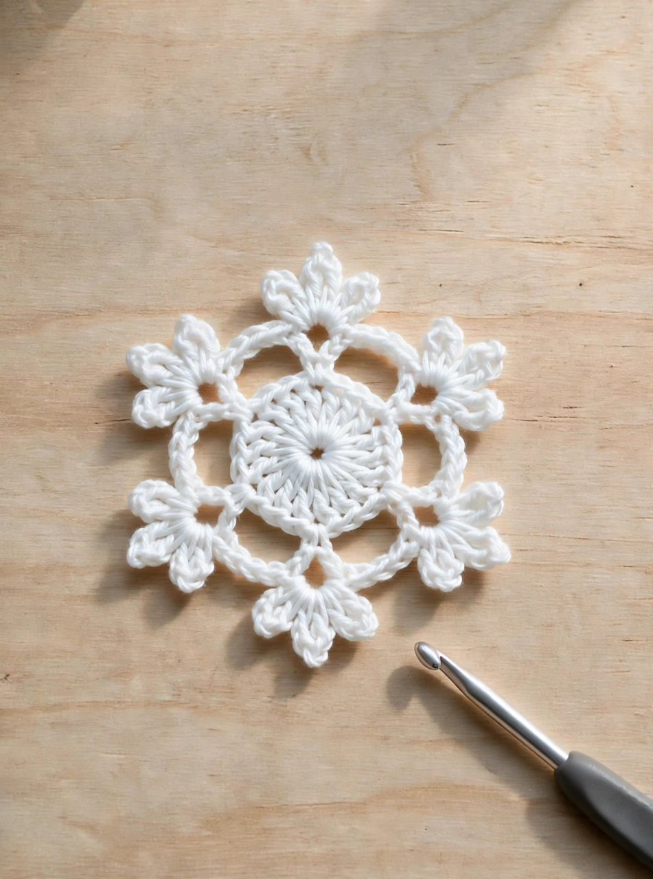 Step 4 of the crochet snowflake ornament pattern: open chain arches between the petal centres of the snowflake