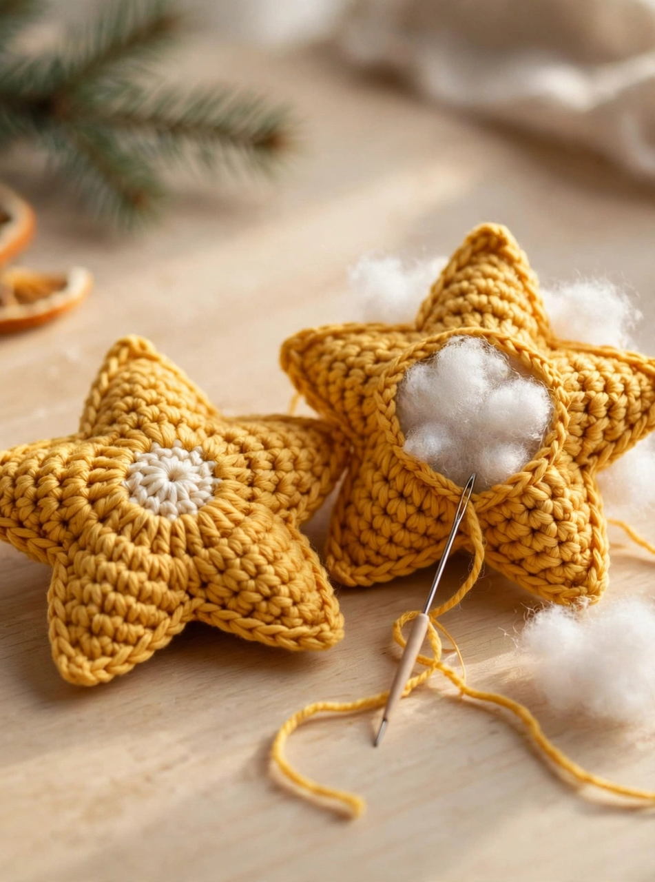 Second identical crochet Christmas star ornament with fiberfill stuffing ready for joining