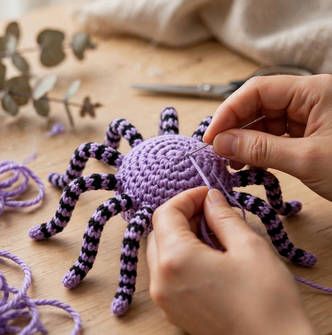 Step 4 of the crochet spider pattern: sewing the eight legs onto the spider body