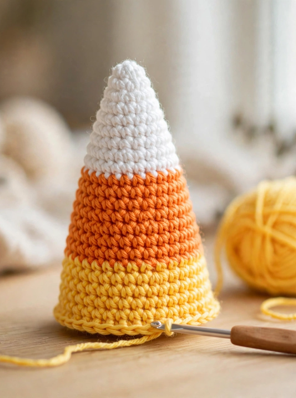 Step 4 of the crochet candy corn pattern: yellow base section of the candy corn
