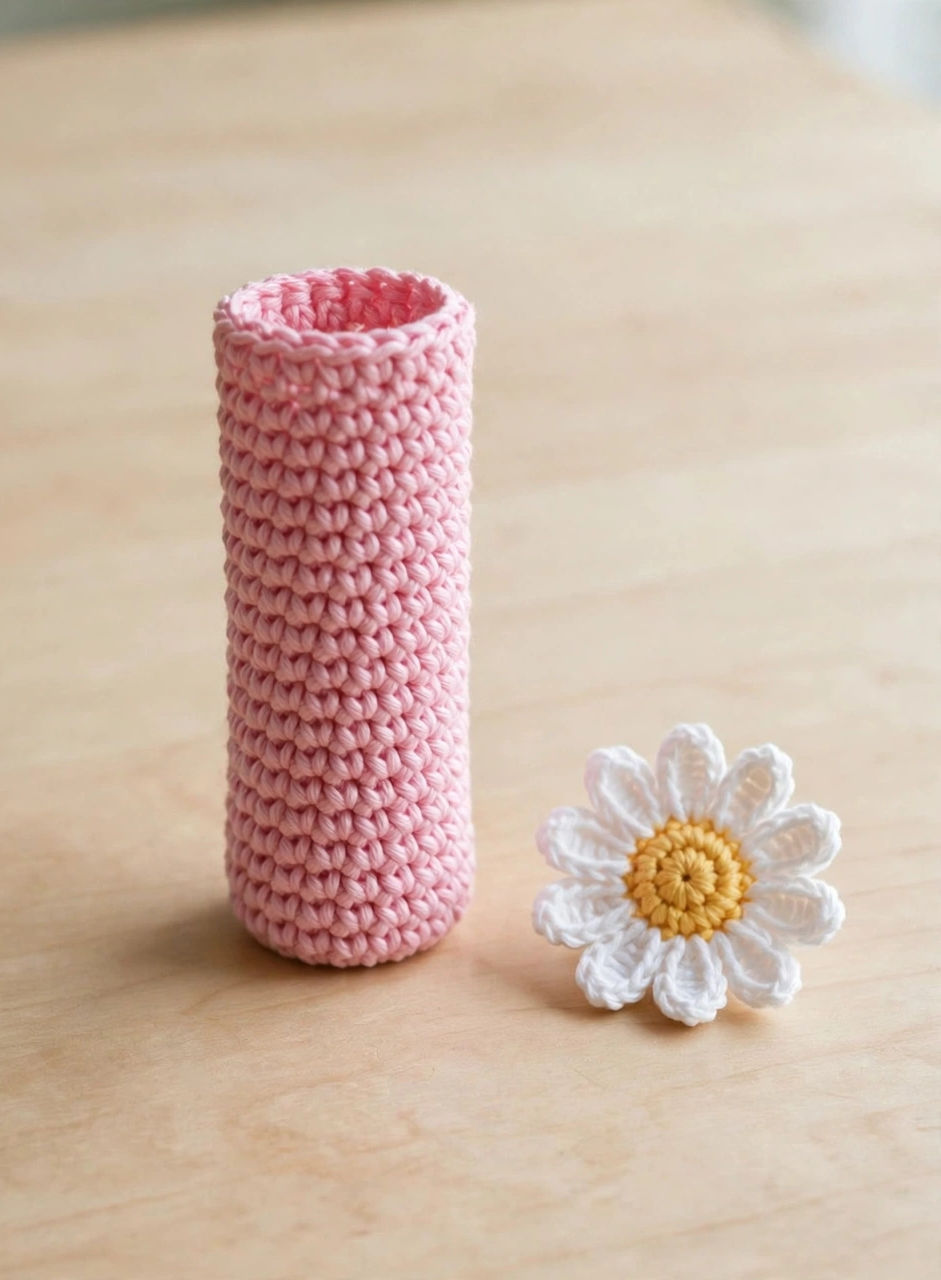 Step 4: small crocheted daisy with white petals and yellow center