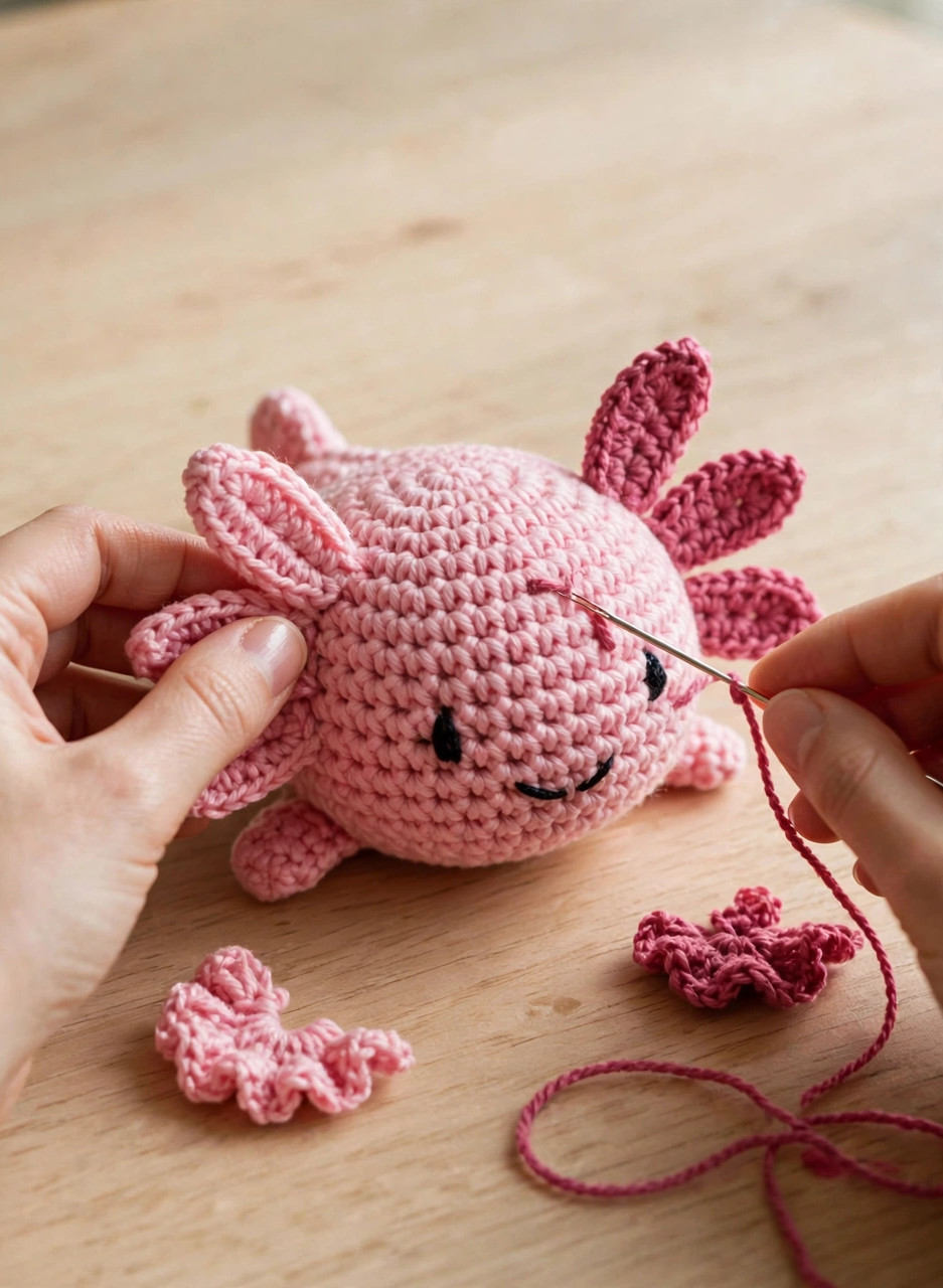 Step 4: sewing the frilly gills onto the axolotl head