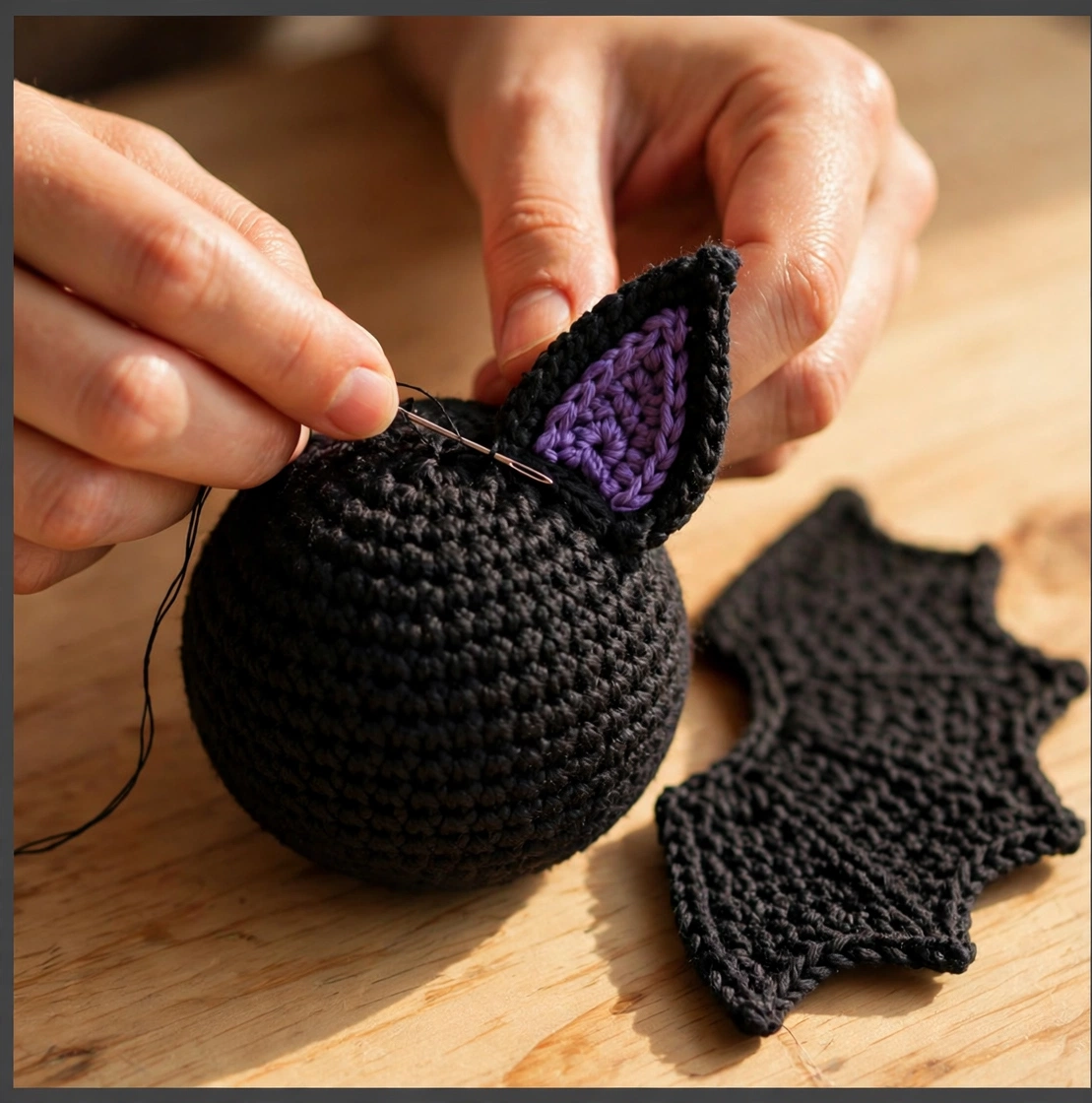 Embroidering oval eyes and a smile on the crochet ghost