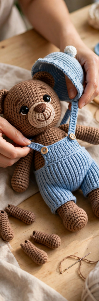 Dressing the crochet teddy bear in blue overalls and placing the bonnet