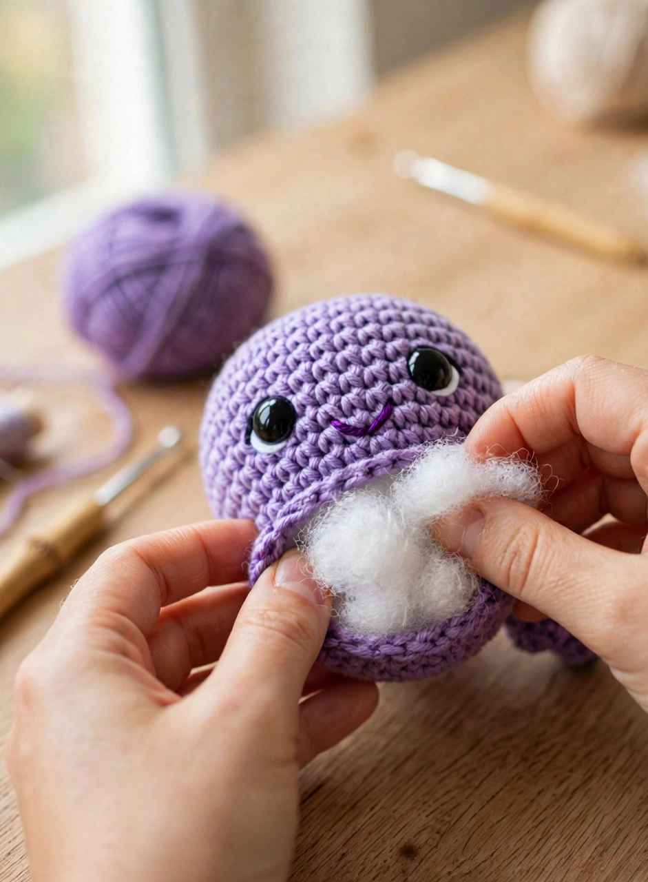 Stuffing the purple crochet octopus head with polyester fiberfill