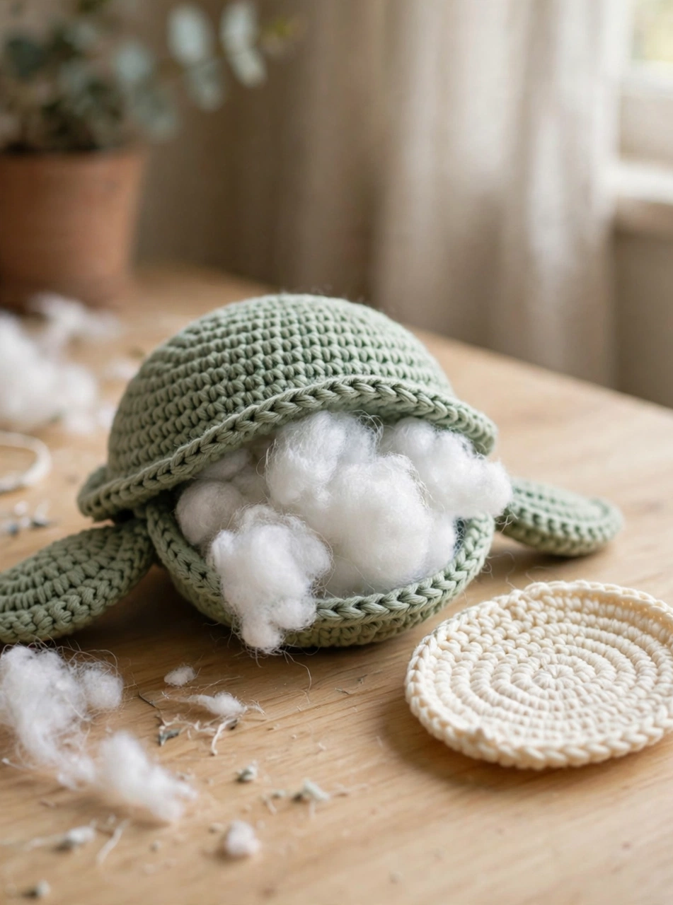 Stuffing the sage green crochet turtle body with polyester fiberfill before closing