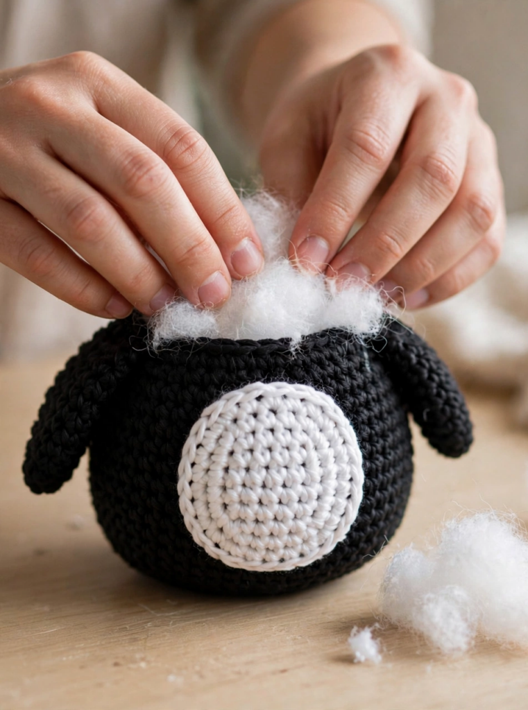 Stuffing the crochet penguin body with fiberfill