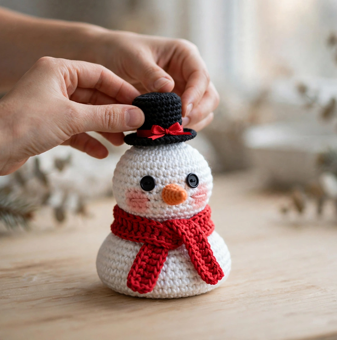 Step 5 - Placing the black mini top hat with red ribbon on the snowman