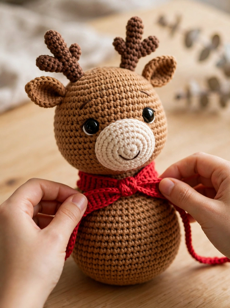 Crochet reindeer pattern step 5: tying the red crocheted scarf around the reindeer's neck