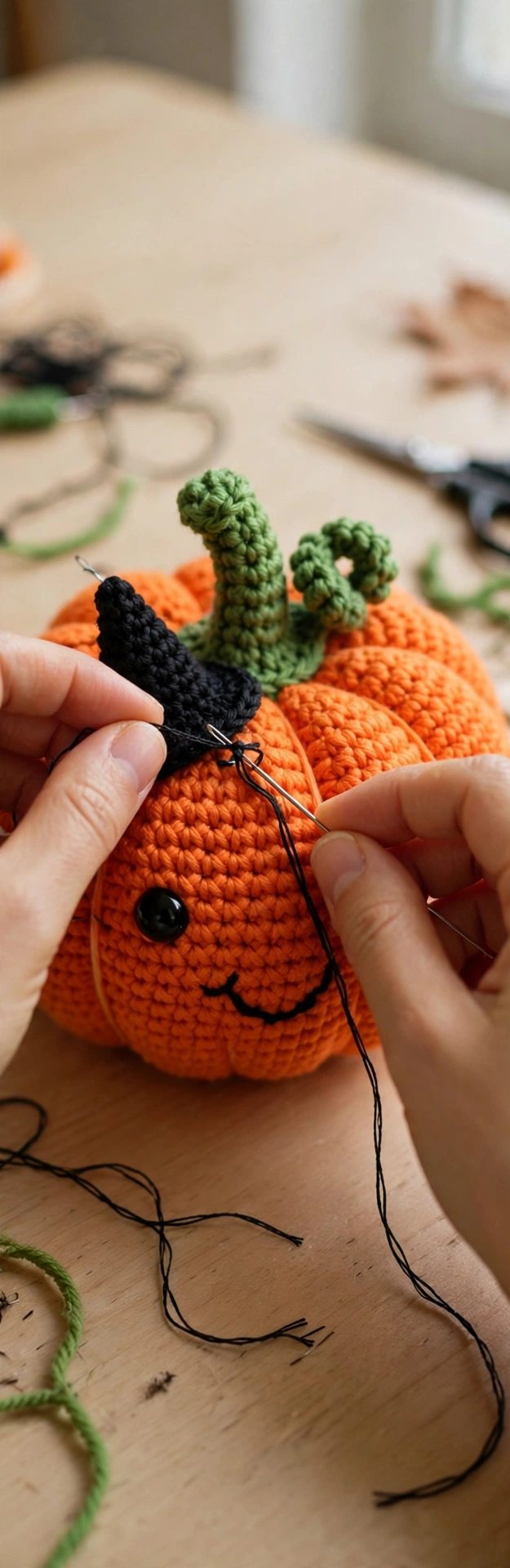 Crochet pumpkin step 4: sewing the tiny black witch hat onto the pumpkin next to the green stem