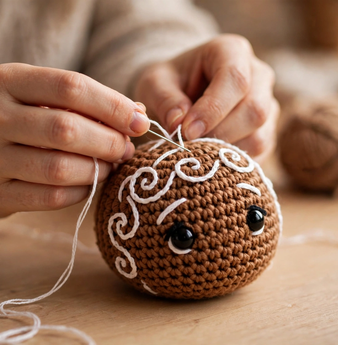 Crochet gingerbread man pattern step 5: embroidering the white icing swirls and face on the crochet gingerbread man