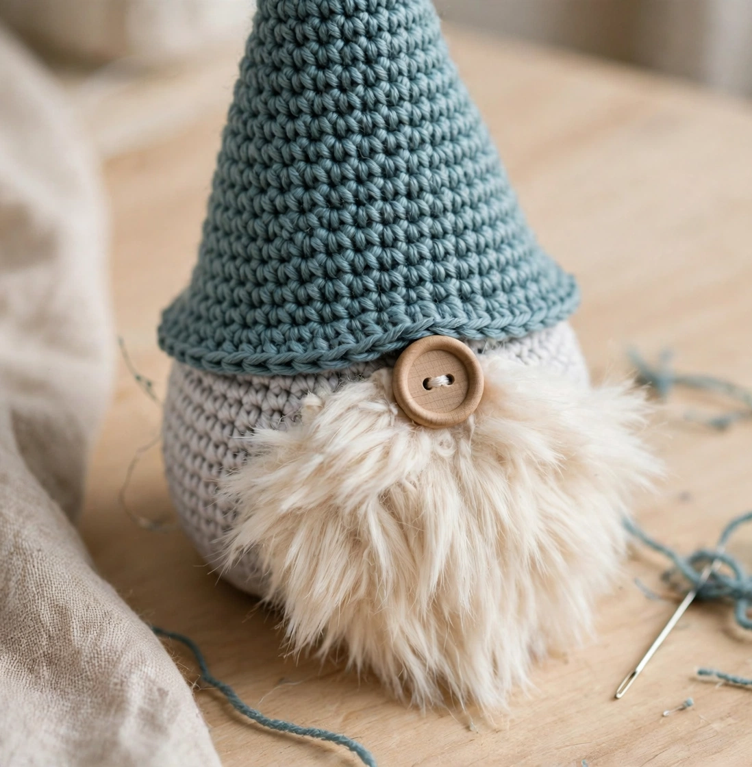 Step 5 of the crochet Christmas gnome pattern: attaching the hat, beard, and wooden button nose.