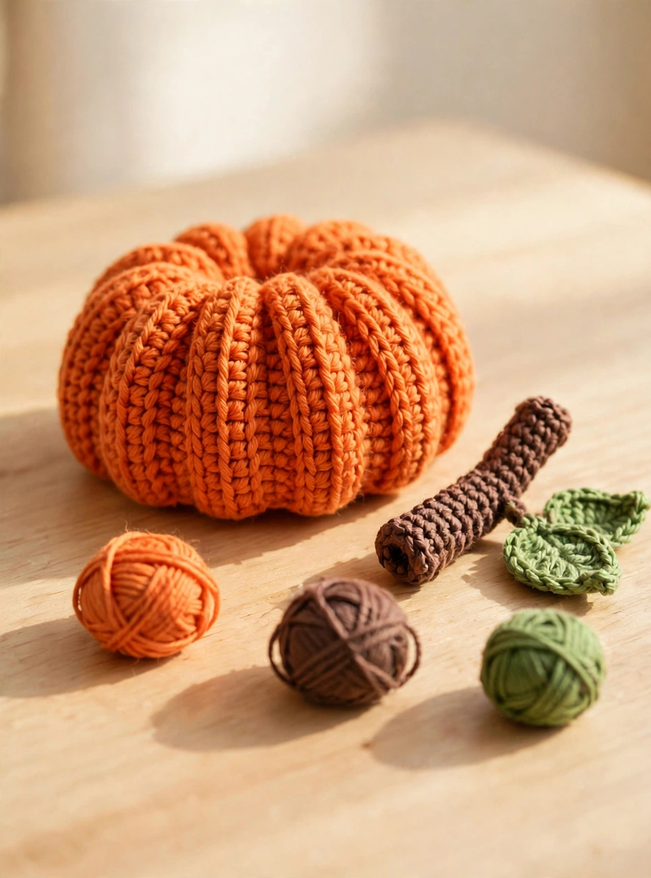 Crochet pumpkin kitty pattern step 5: the orange ribbed pumpkin hat with its brown stem and green leaf pieces