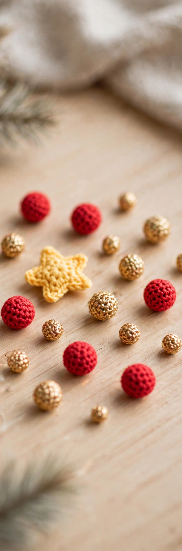 Step 5: tiny red and gold crochet ornaments and yellow star for the Christmas tree