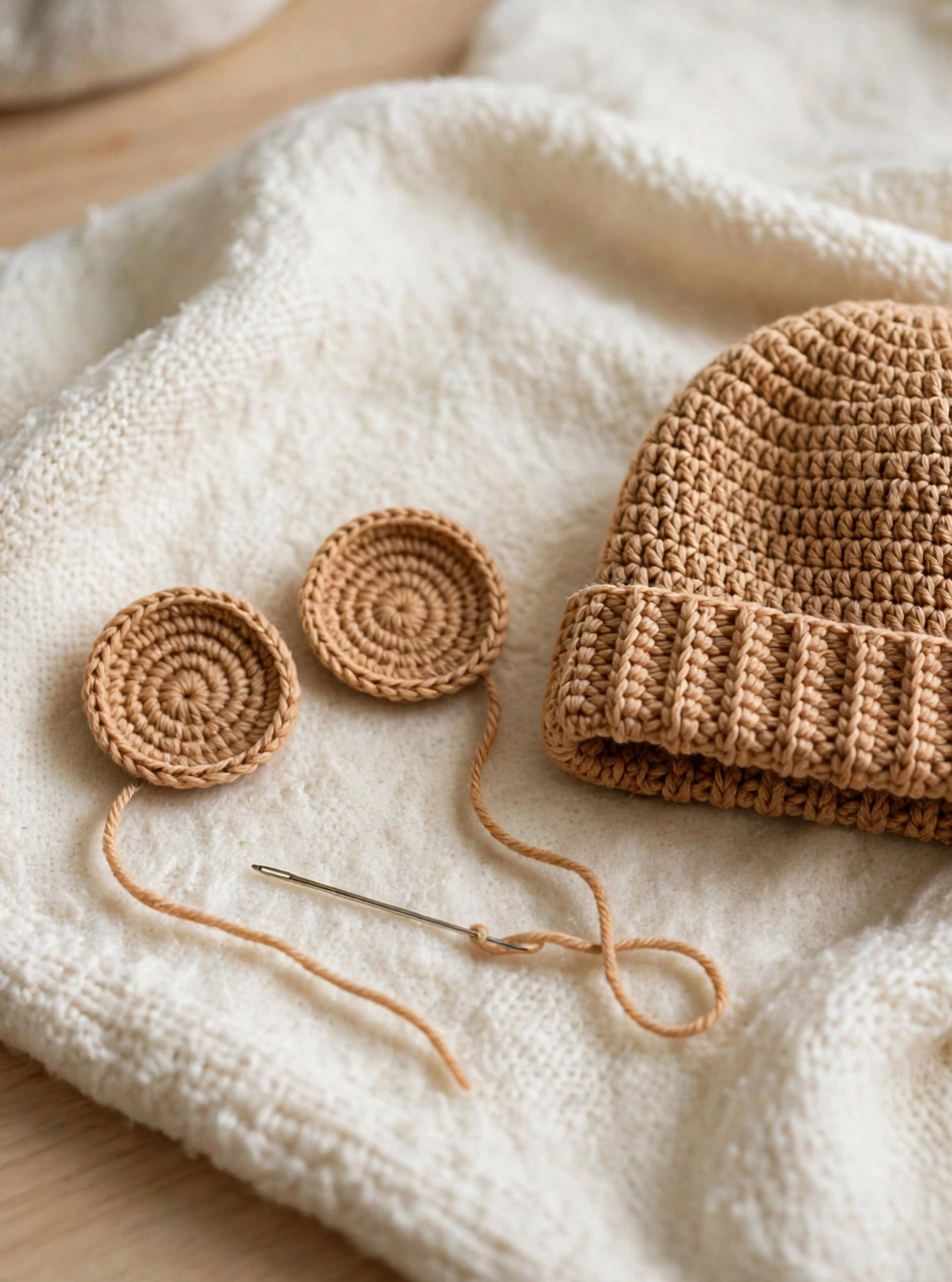 Crochet baby bear hat pattern step 5: two small round flat bear ears with long tails for sewing