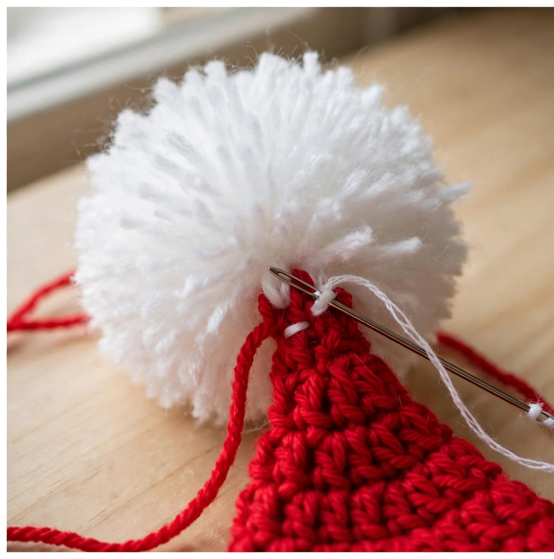 Step 5 – attaching the fluffy white pom pom to the crochet Santa hat