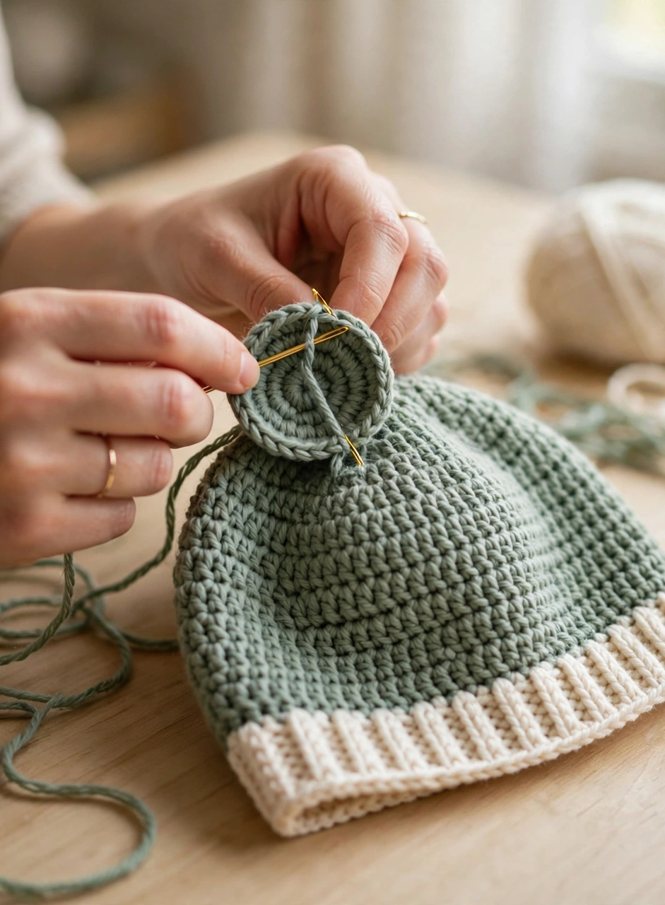 Crochet bear ears hat pattern step 5: sewing a round ear onto the crown of the sage green bear ears hat