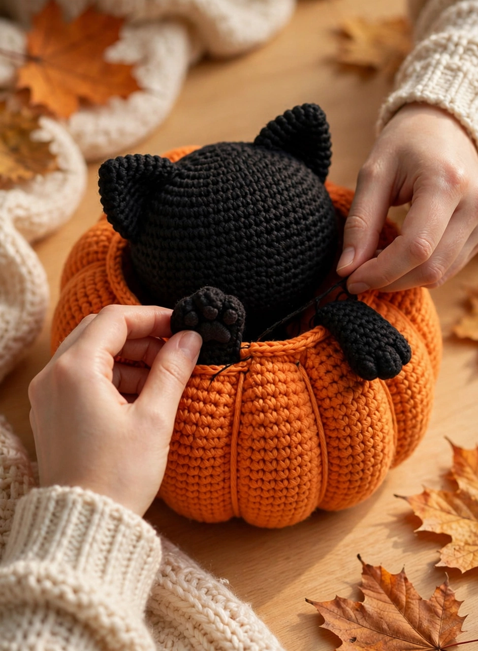 Crochet cat in pumpkin pattern step 5: sewing the two small black paws at the pumpkin rim