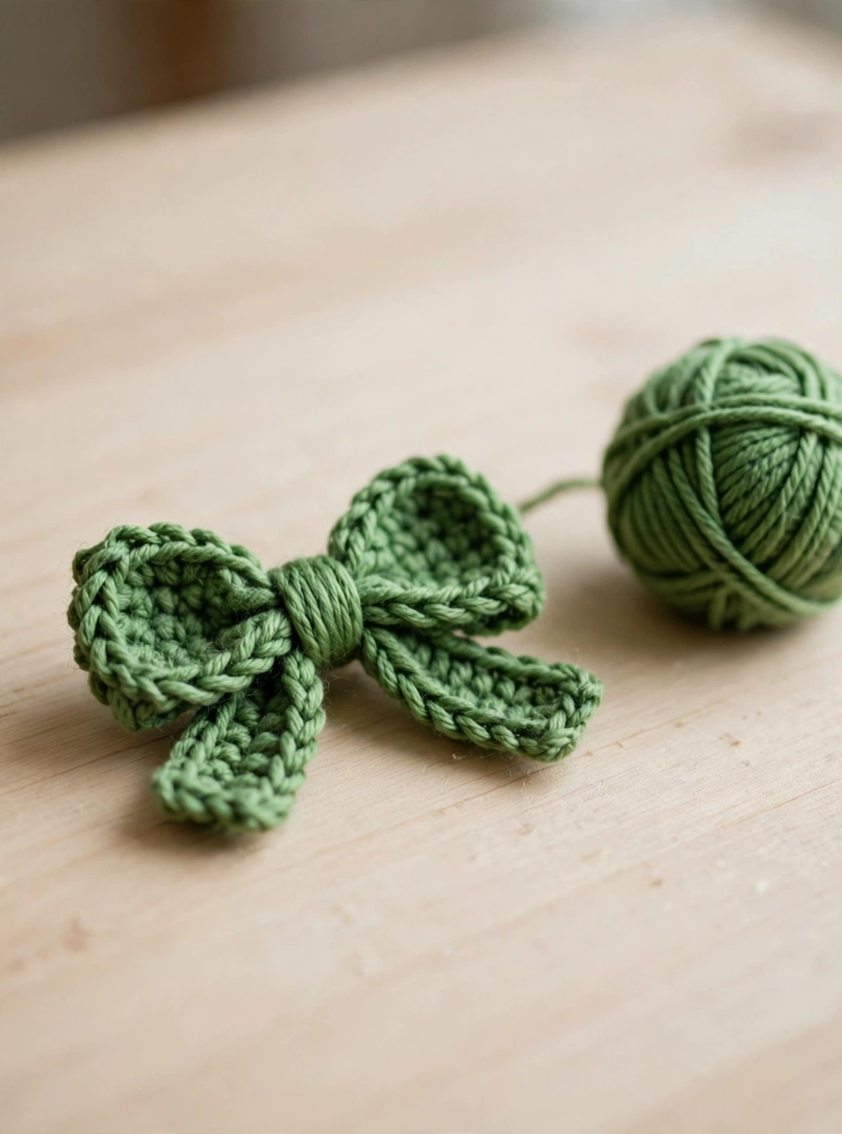 Step 5 of the crochet candy cane pattern: the small green crochet bow
