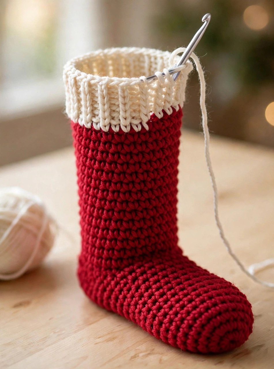 Crochet Christmas stocking pattern step 5: tall red leg with the cream-white ribbed cuff started at the top edge