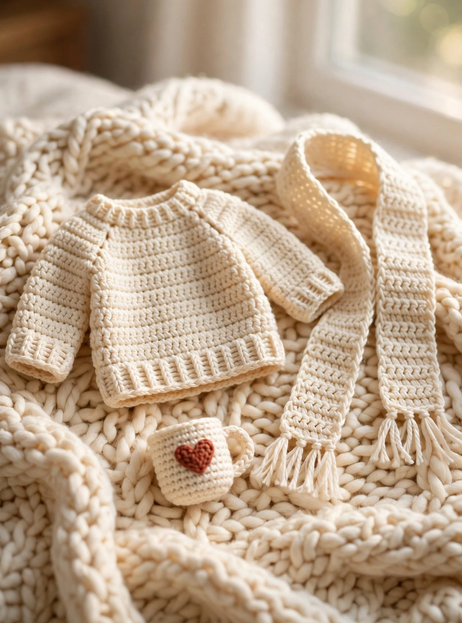 Crochet capybara pattern step 5: the cream sweater, fringed scarf and tiny heart mug laid out flat