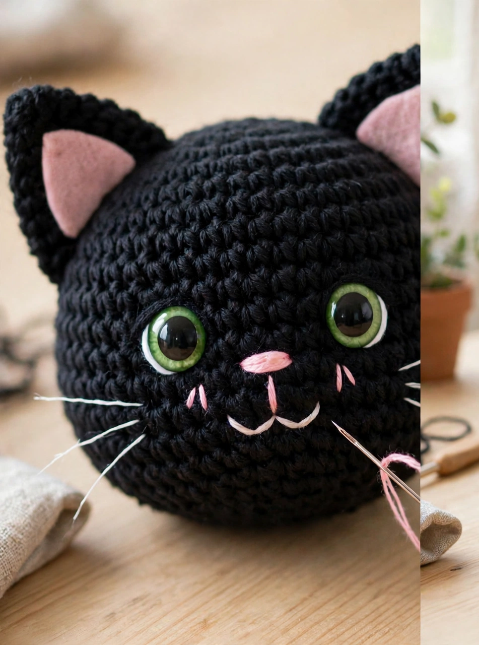 Embroidering the pink nose and whiskers on the crochet black cat pattern, green safety eyes attached
